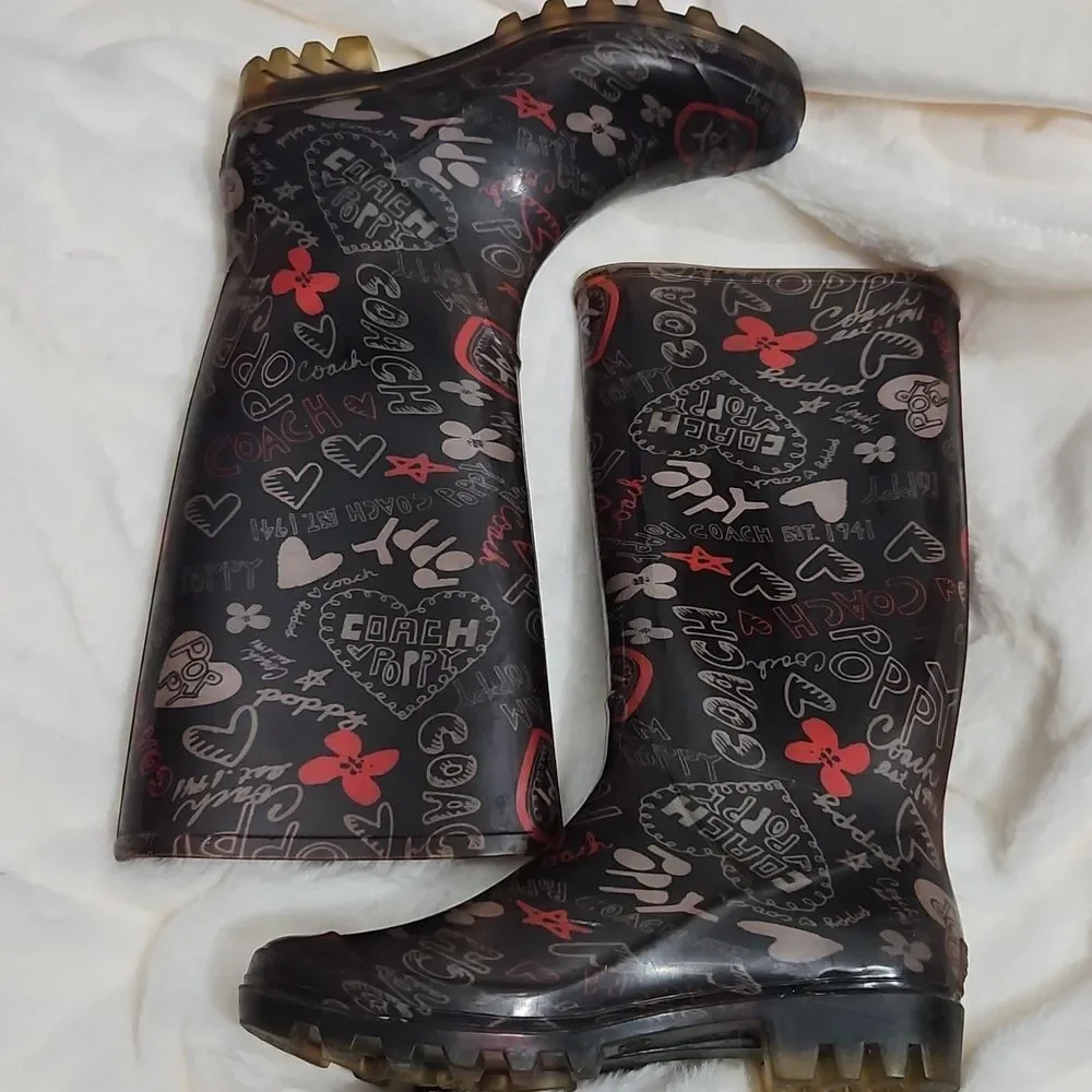 Coach Poppy Graffiti Rain Boots – Size 6 – Black/Red Logo Print